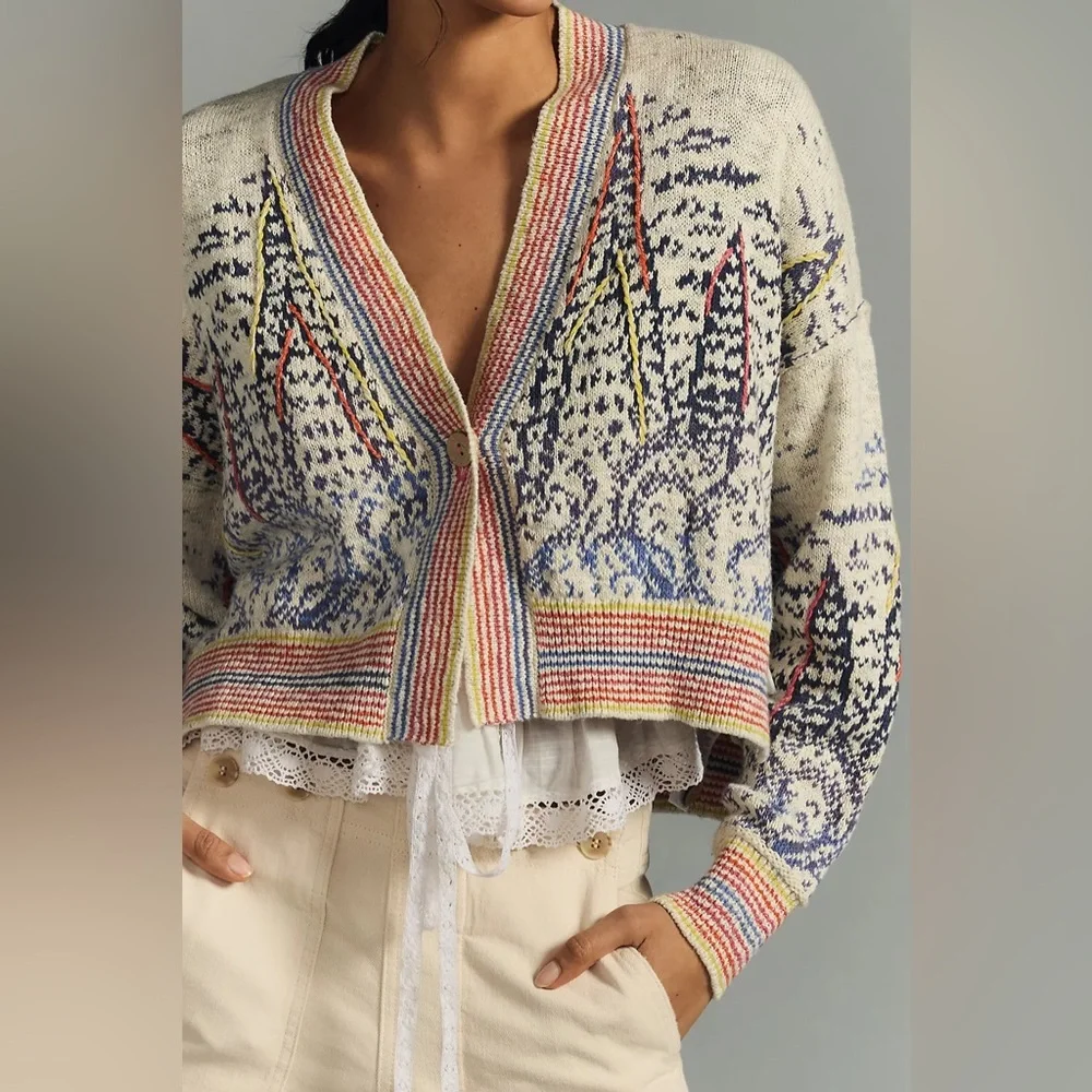 Anthropologie Pilcro Embroidered Cropped Cardigan Sweater Stripe Trim Size XL - Picture 3 of 10
